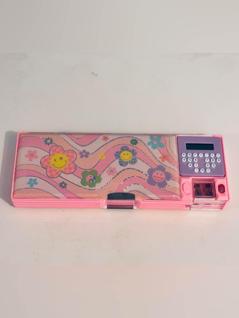 Pink Floral Pattern Pencil Case with Sharpener and Calculator